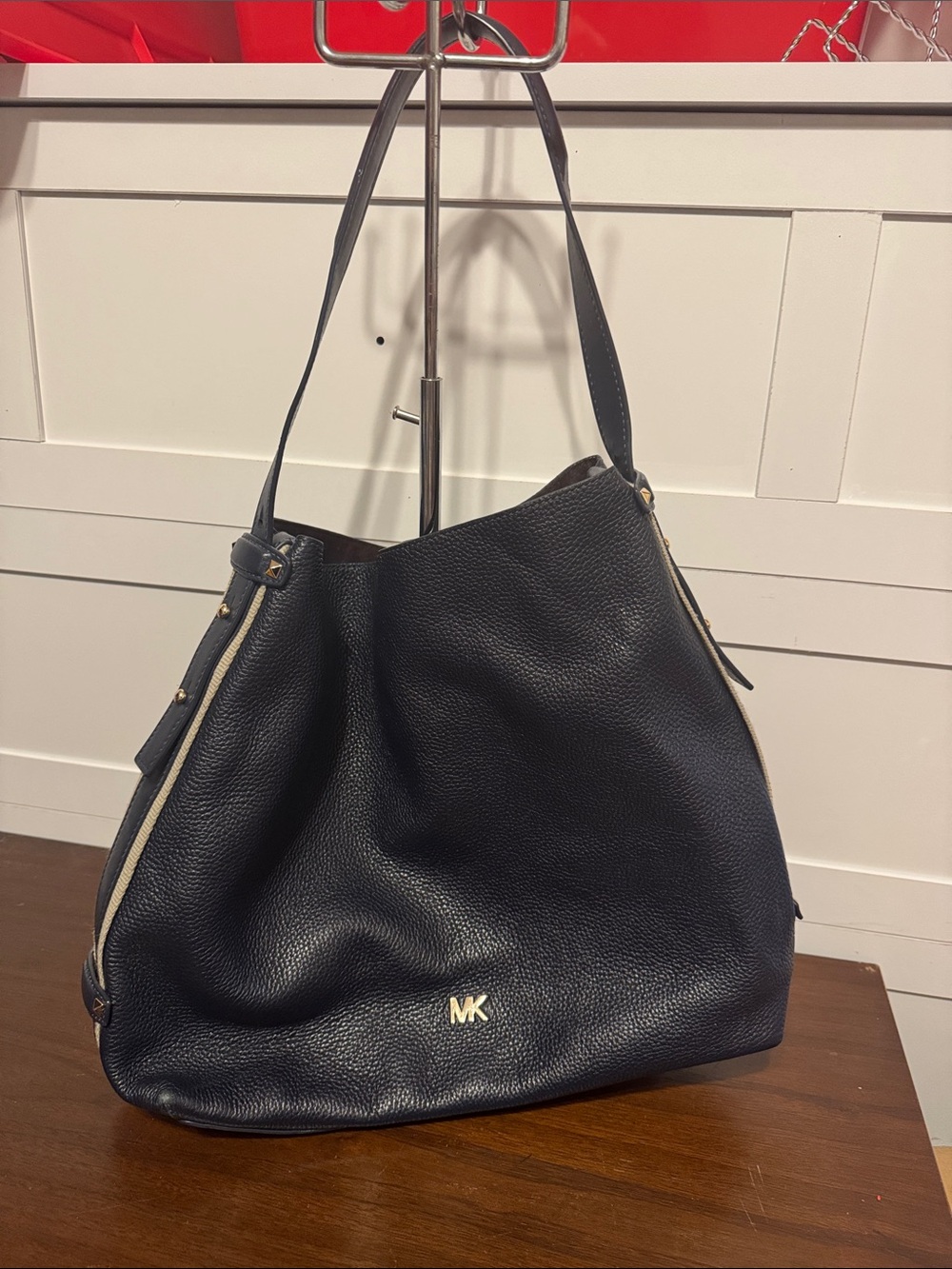 Michael Kors Navy Pebbled Leather Shoulder Hobo with Gold MK Logo